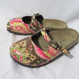 Women BIRKENSTOCK BIRKI'S 230 GERMANY Leather Clogs Shoes Slip-On Floral 5 BROWN